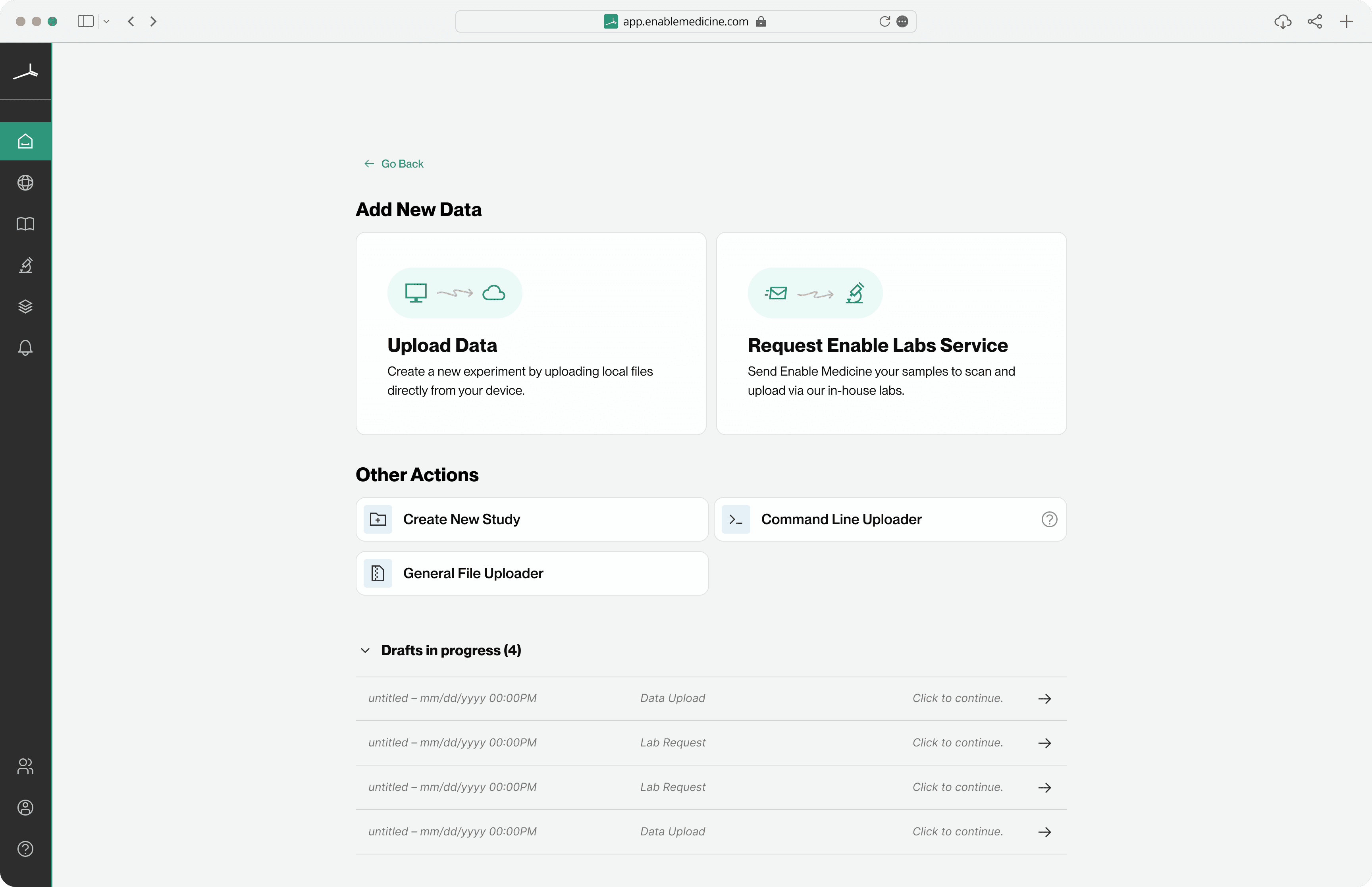 The new ‘Add New Data’ screen