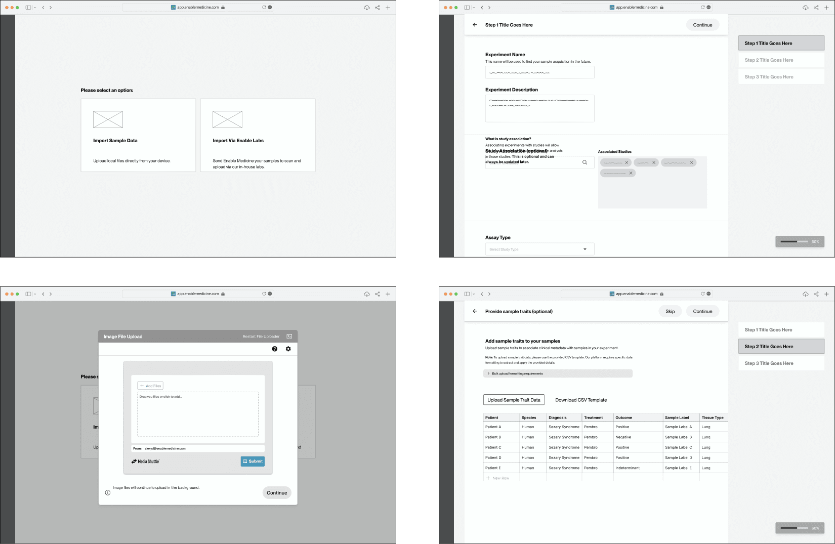 Greyscale wireframe mockups
