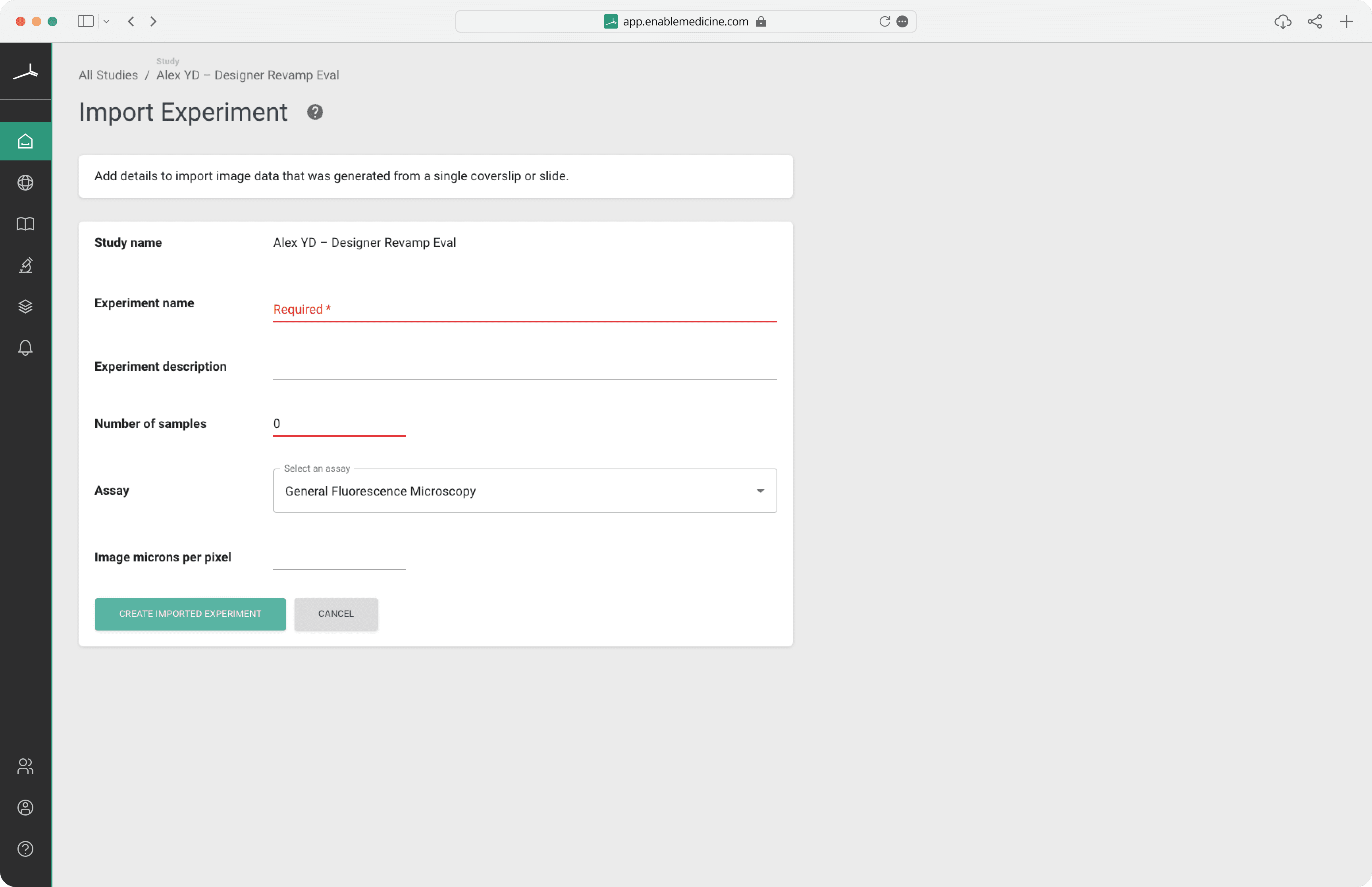 The original experiment configuration screen