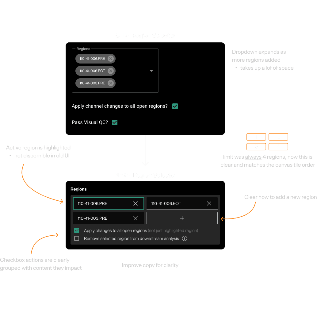 Region selector improvements, dark theme