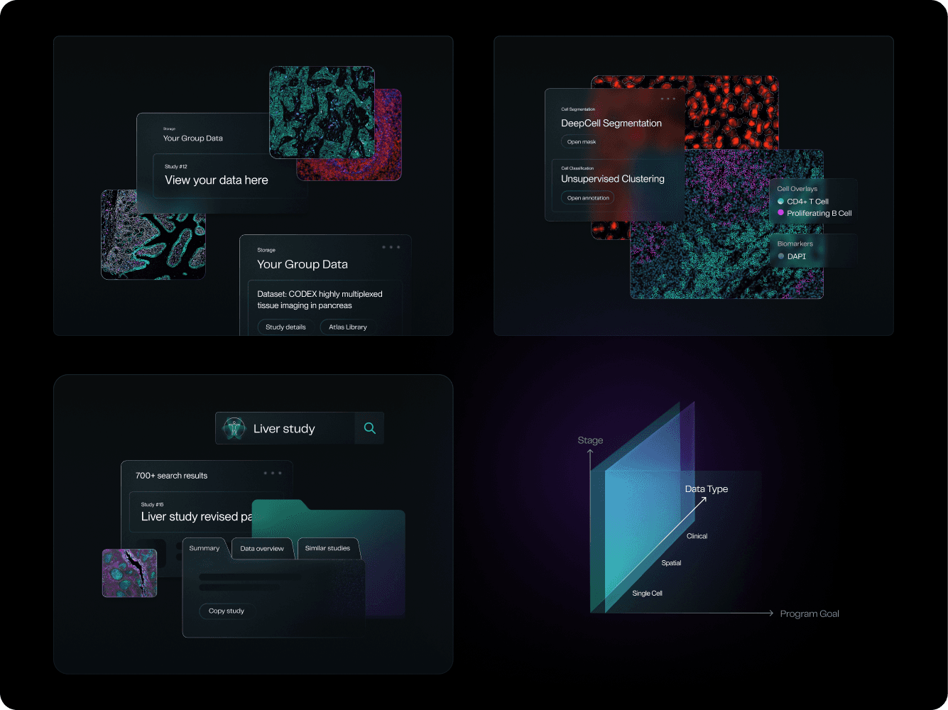 Enable Medicine brand containers: dark interface cards over microscopy imagery.