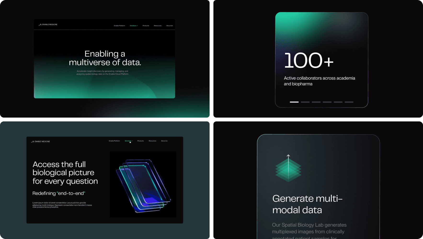 Enable Medicine brand examples: web sections on dark backgrounds.