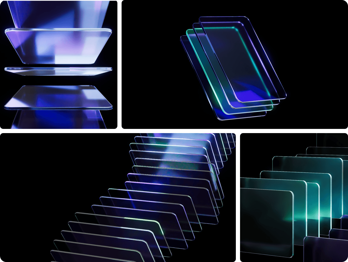 Enable Medicine brand shapes: layered glass panels in blue and green light.