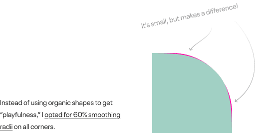 “Instead of using organic shapes to get ‘playfulness,’ I opted for 60% smoothing radii on all corners.” A smoothed corner compared with a standard one: it’s small, but makes a difference.