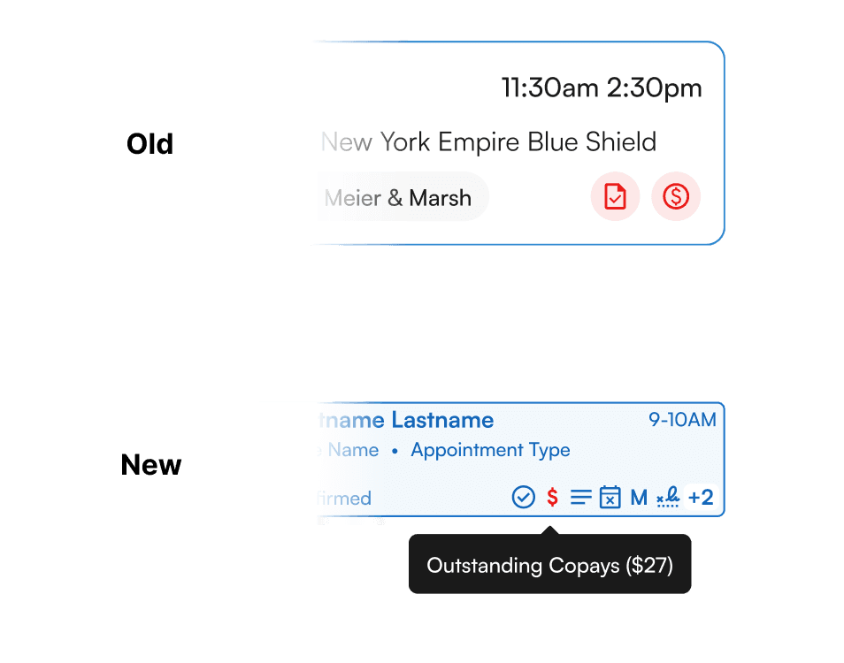 The old alerting (two icons) next to the new block with many alerts and a tooltip reading Outstanding Copays ($27).