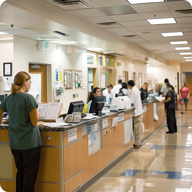 A front desk administrator working at a computer while patients queue behind her.