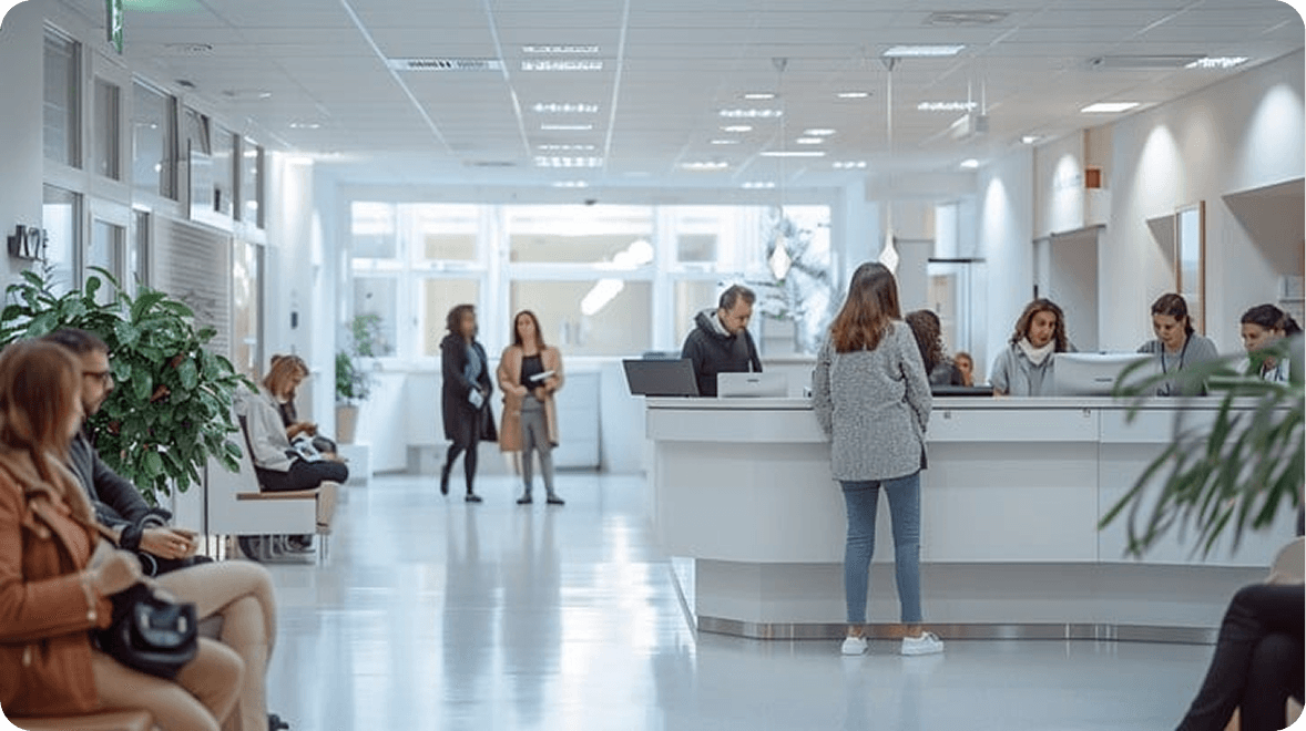 A bright clinic reception with patients waiting and being helped at the desk.