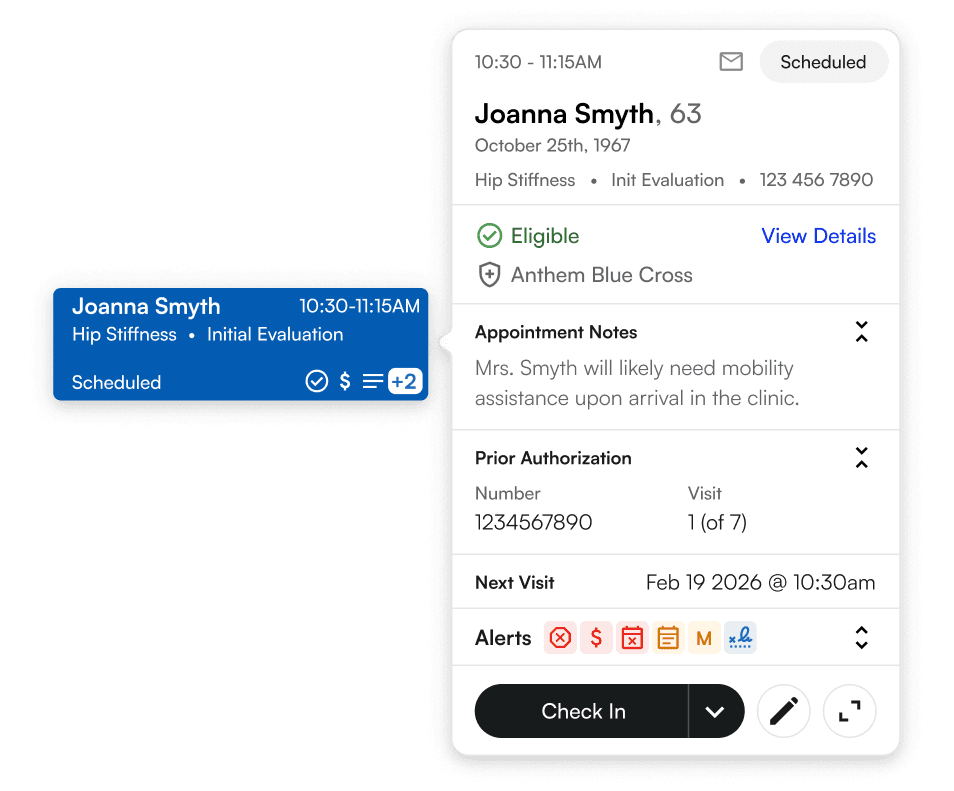 An appointment block and its pop-out with patient details, eligibility, notes, prior authorization and alerts.