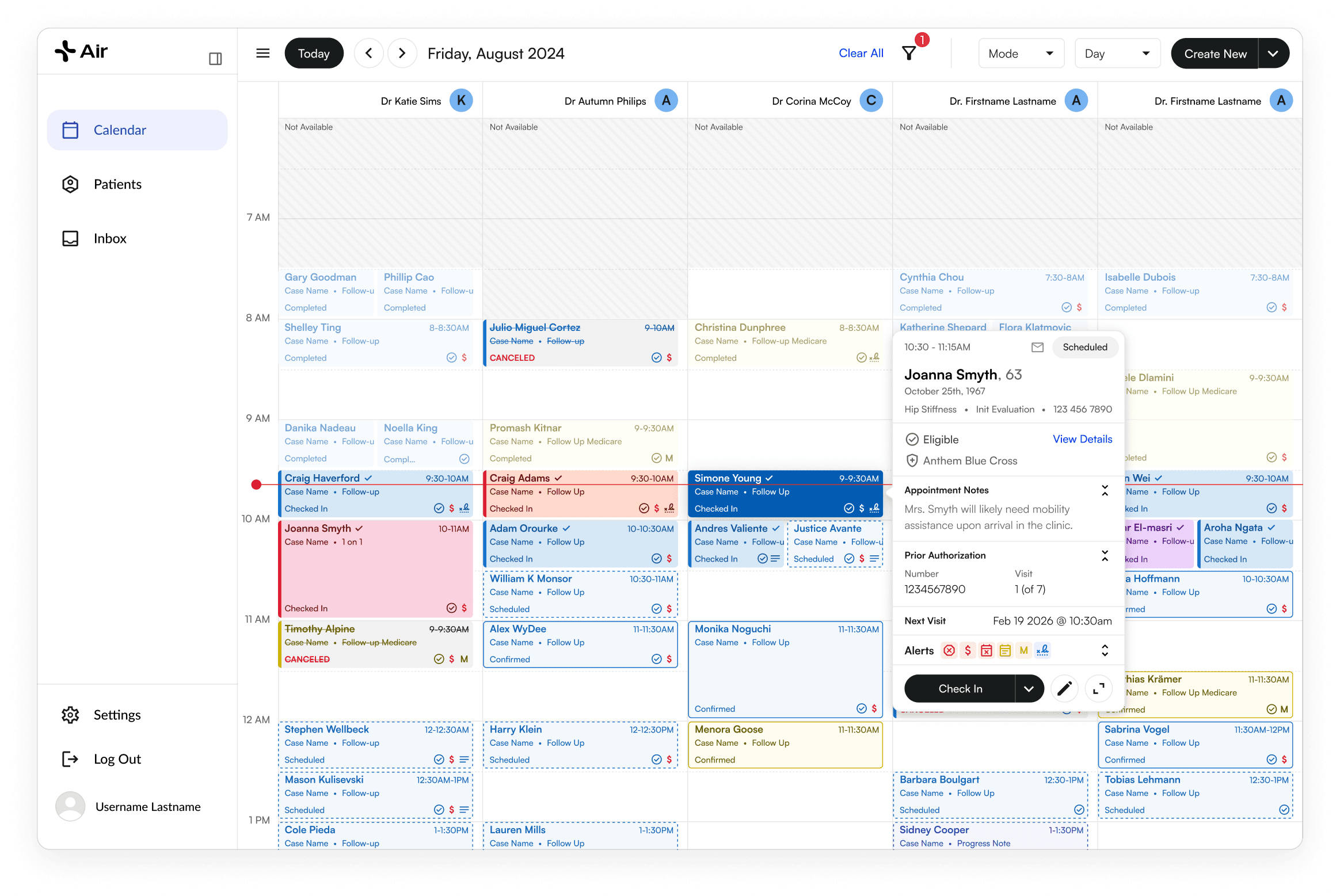 The redesigned Air calendar with the new appointment blocks and a patient pop-out.
