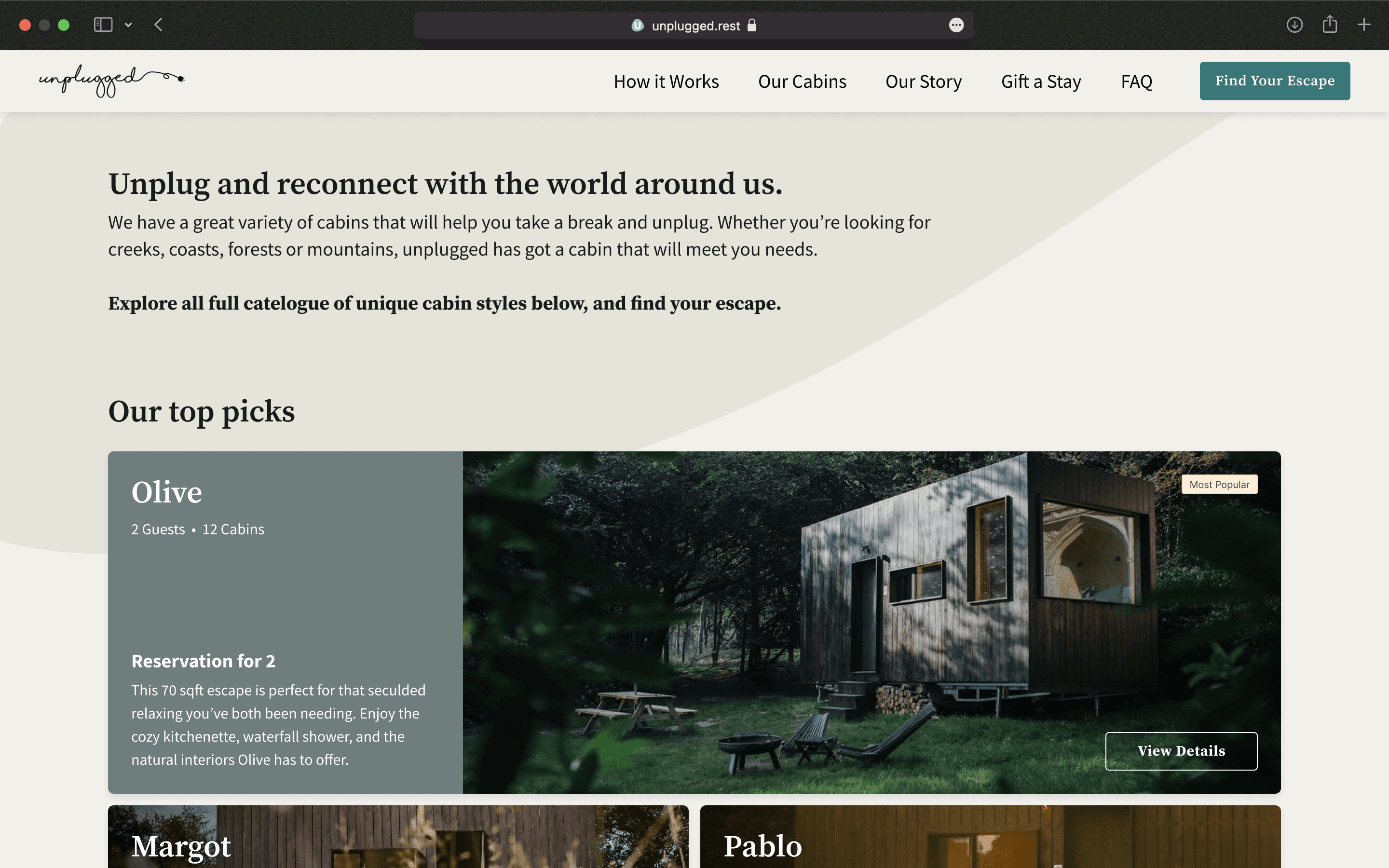 Desktop view of the newly designed cabin catalogue page