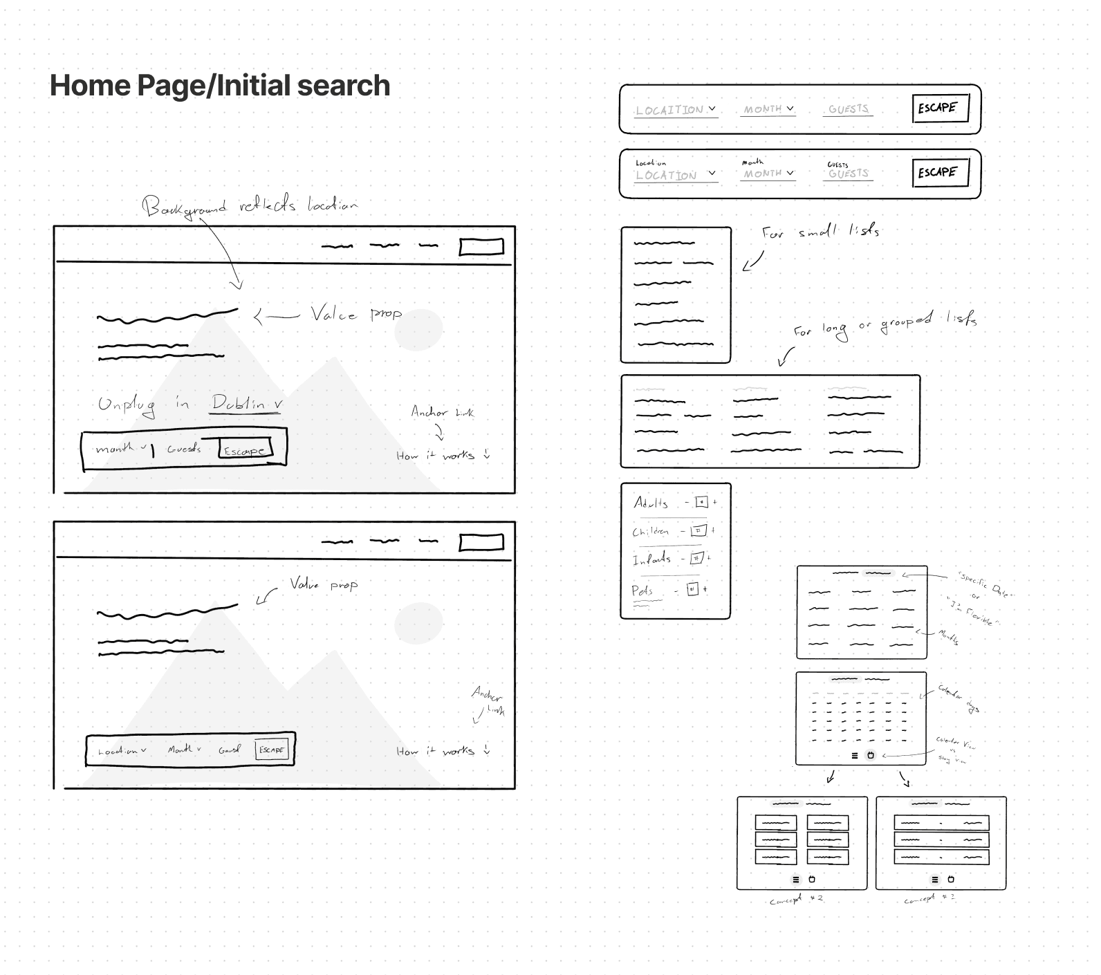 Sketches for the home page and redesigned search functionality