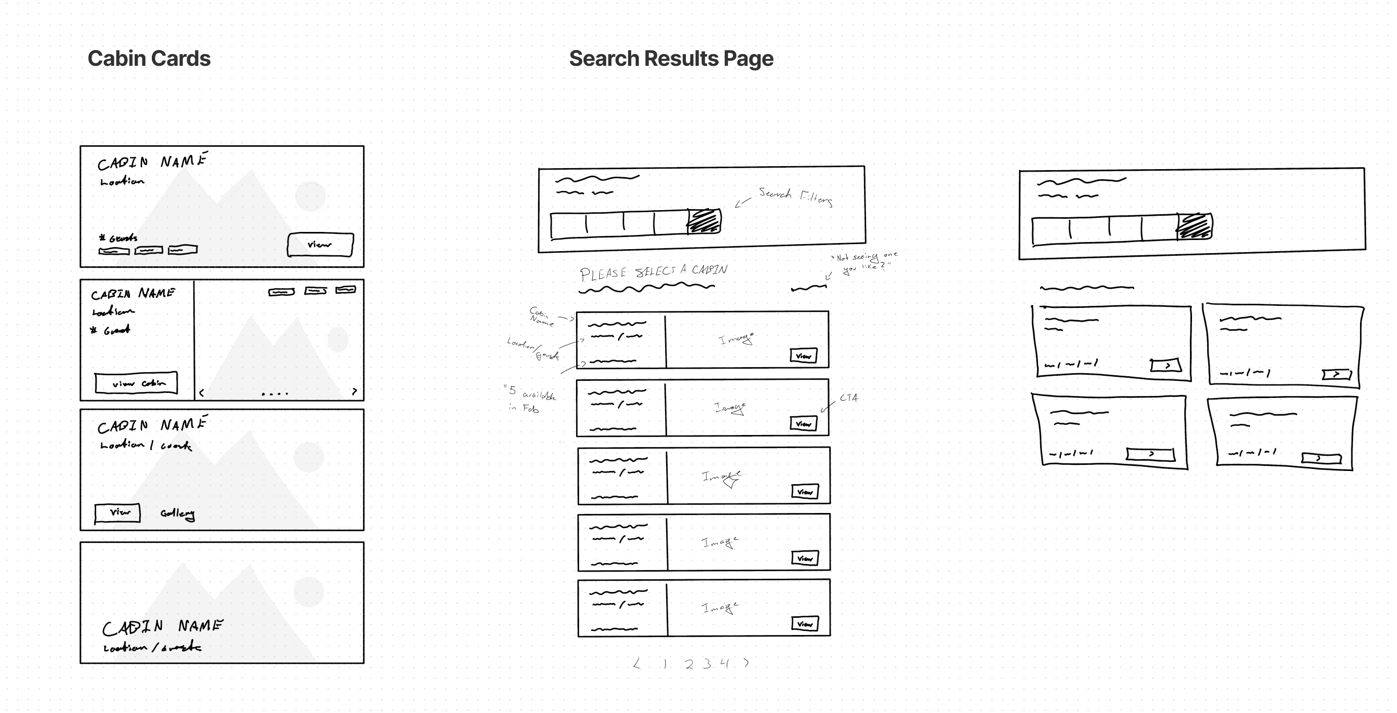 Sketches for the search results and cabin catalogue pages