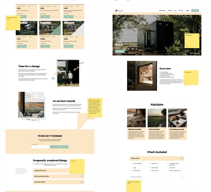 Sticky notes over the original search results and cabin page