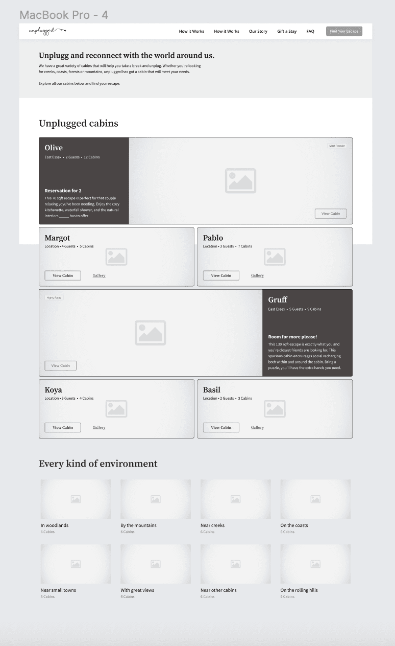Greyscale wireframe for the redesigned cabin catalogue