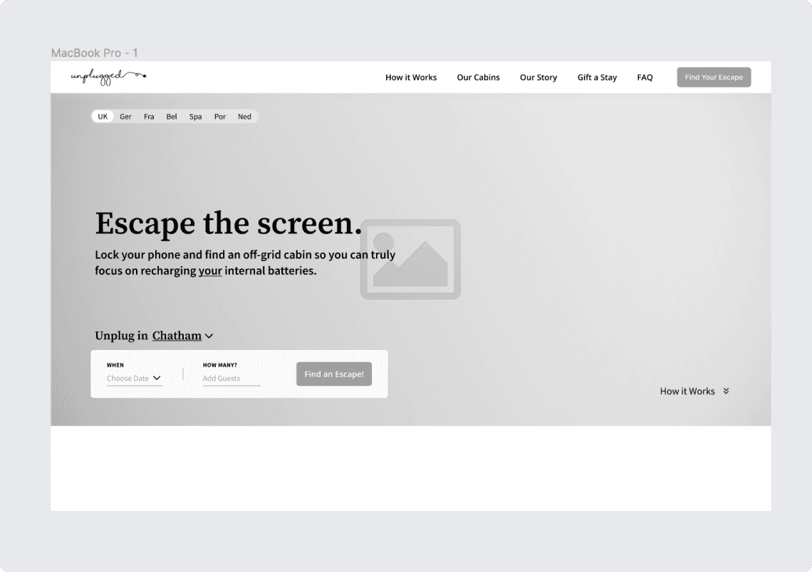 Greyscale wireframe for the redesigned home page