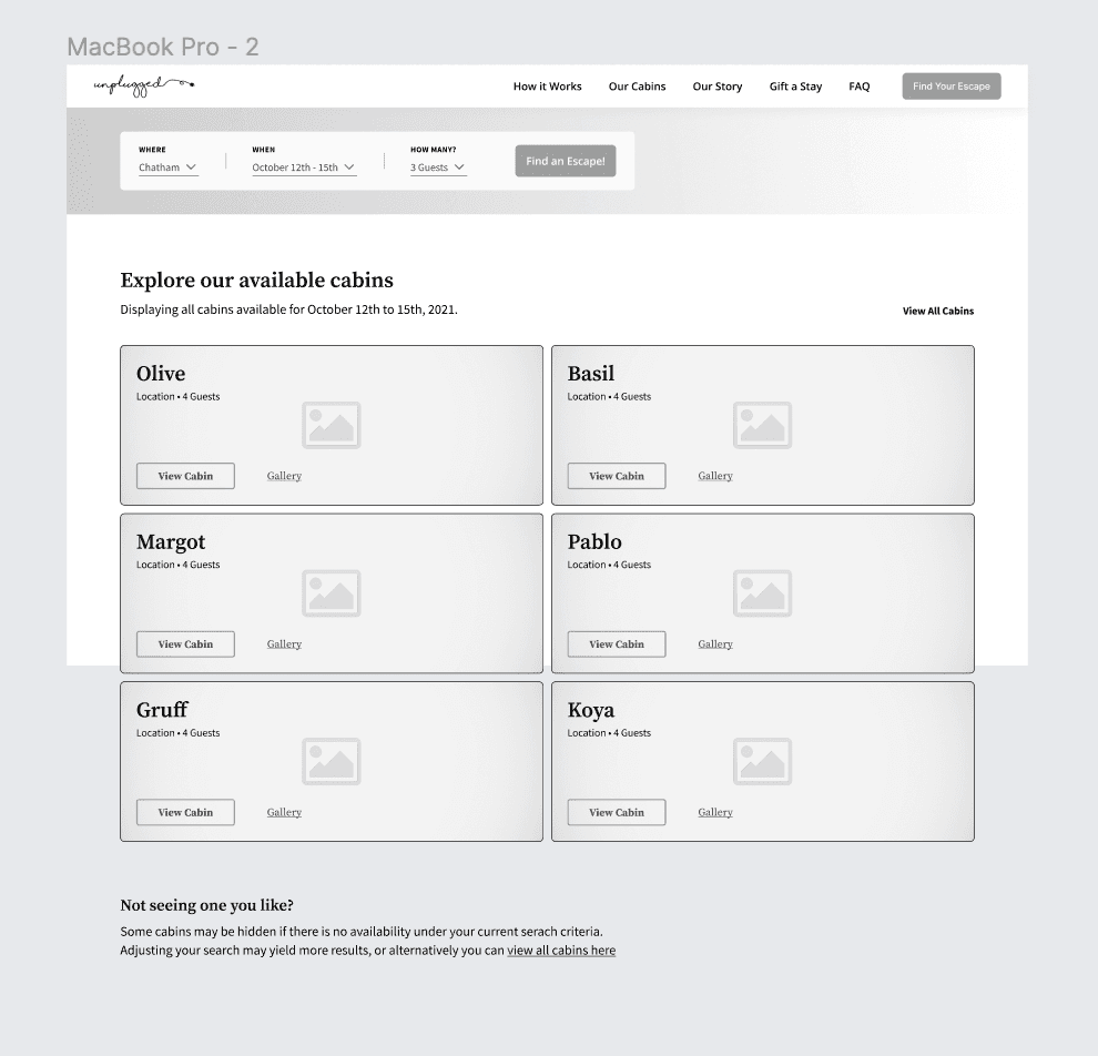Greyscale wireframe of the redesigned search results