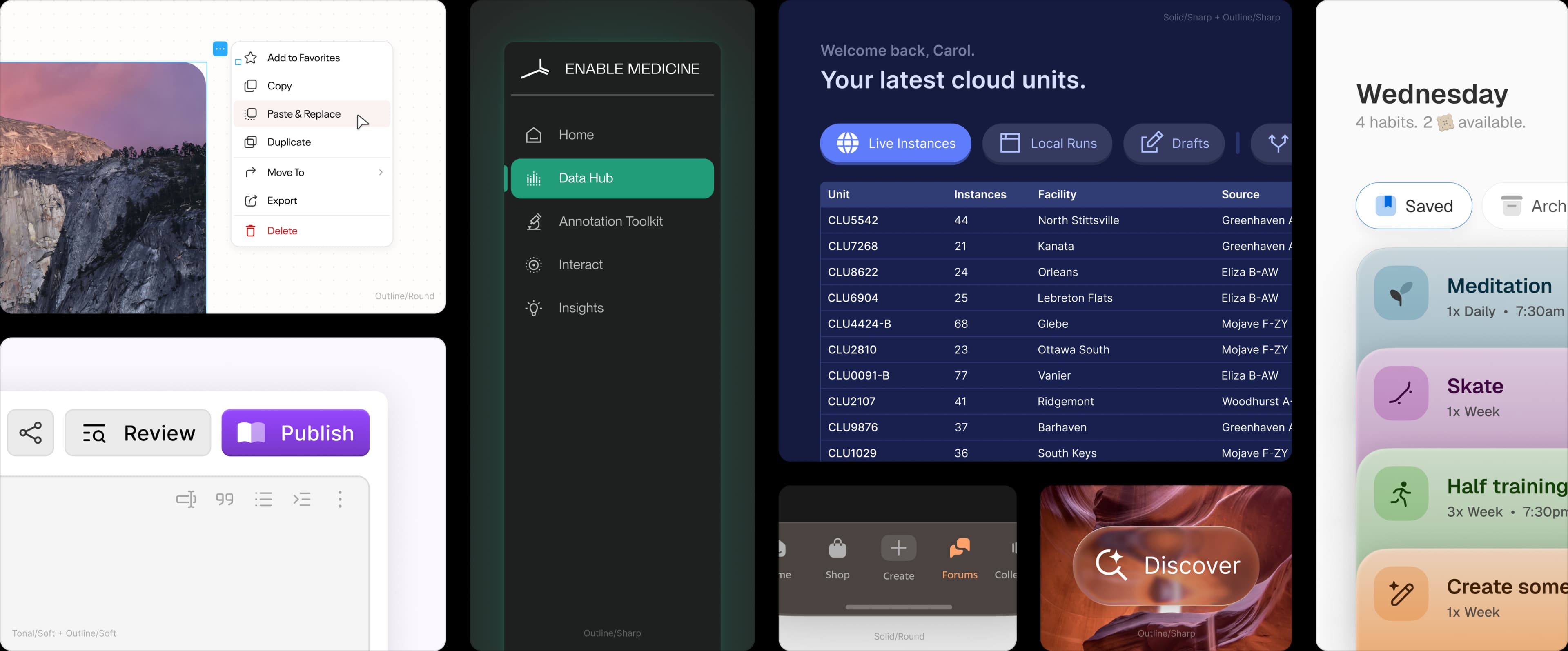 WyDee icons used in real products: a context menu, an app sidebar, a cloud-units table, a mobile tab bar, a habit tracker and a search prompt.